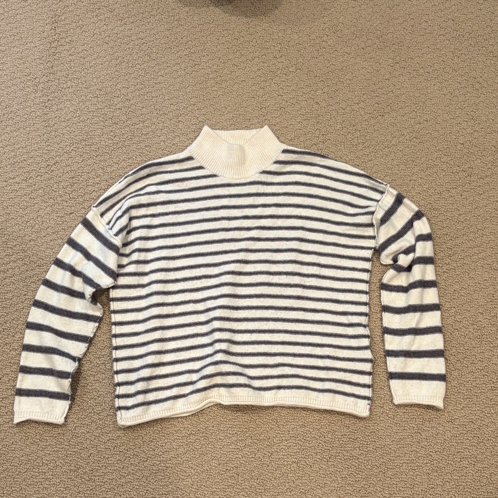 Madewell White and Gray Striped Turtleneck Sweater